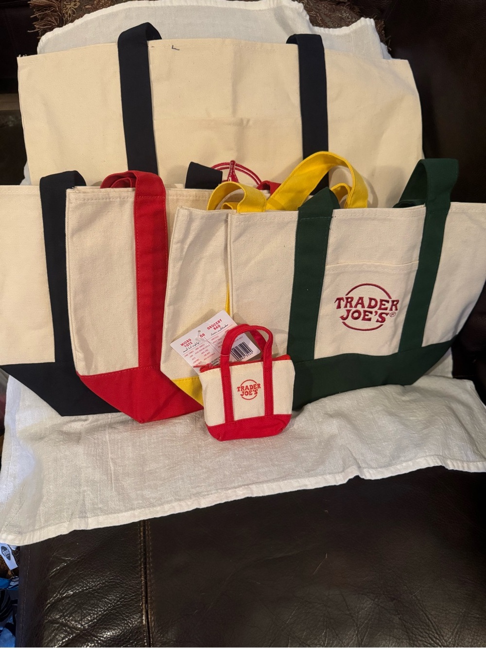 Trader Joe's Canvas Tote Bag Set Primary includes large, mini totes & 1 micro